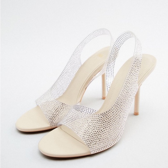 Zara Off White Rhinestone Heeled Vinyl Sandals - Picture 8 of 10
